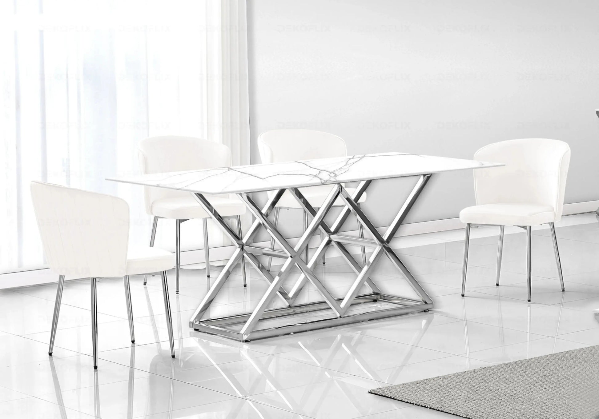 Table marbre blanc et Chaises velours ecru chromé ERLY New Design