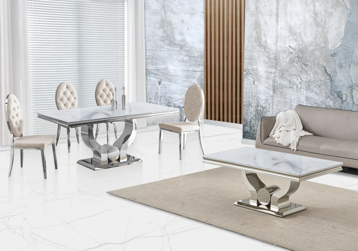 Table marbre blanc et chaises capitonnées beige NEA New Design