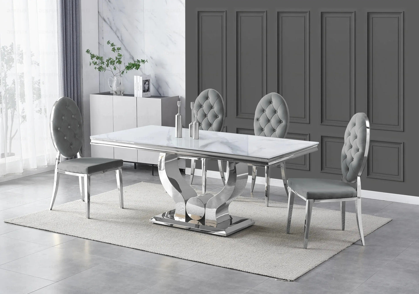 Table marbre blanc et chaises capitonnées gris argent NEA New Design