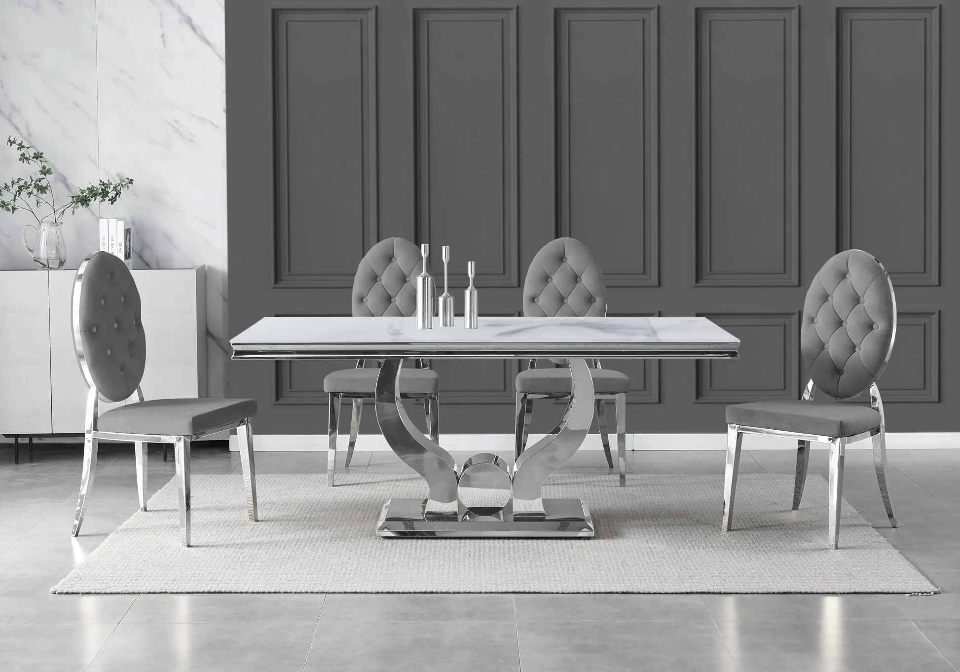 Table marbre blanc et chaises capitonnées gris argent NEA New Design