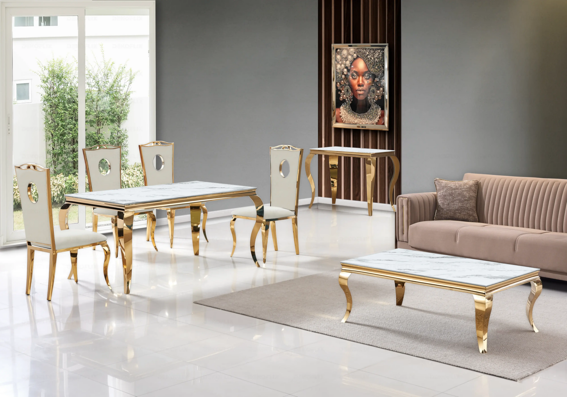 Table marbre blanc et chaises velours beige doré – NEO New Design