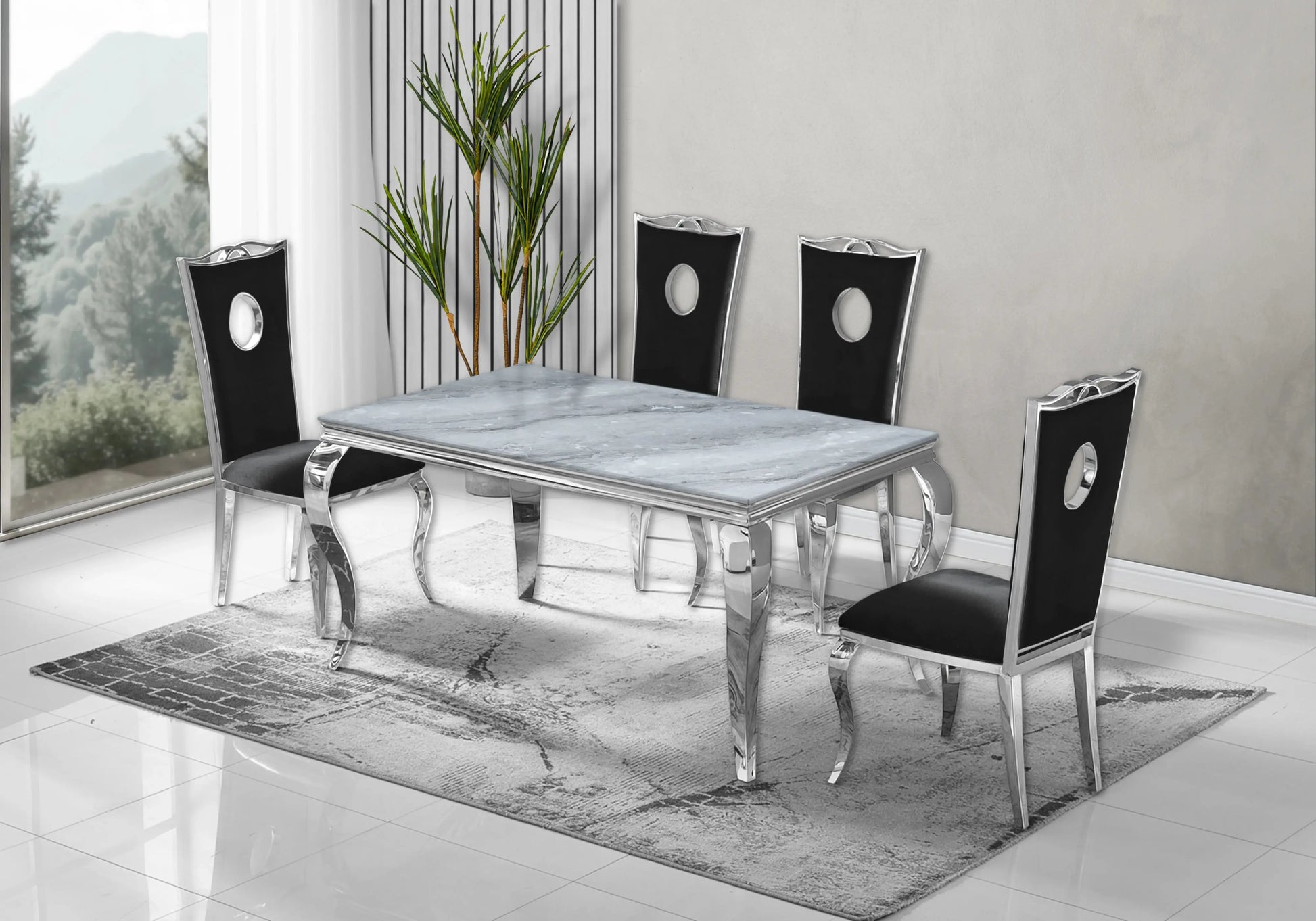 Table marbre gris et chaises velours noir argent – NEO New Design
