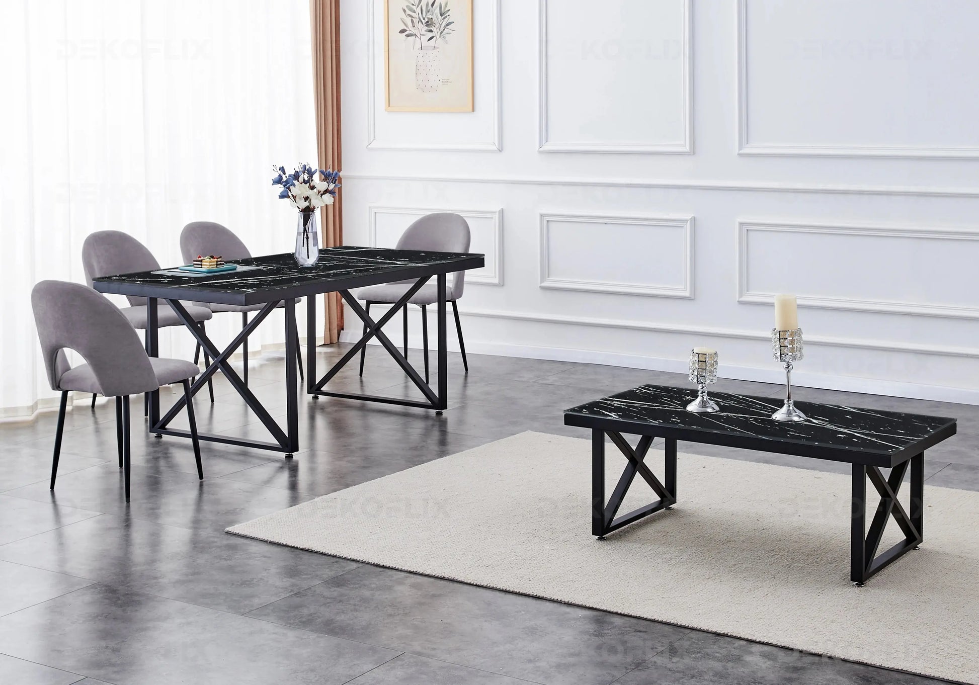 Table marbre noir et chaises anthracites CLARA New Design