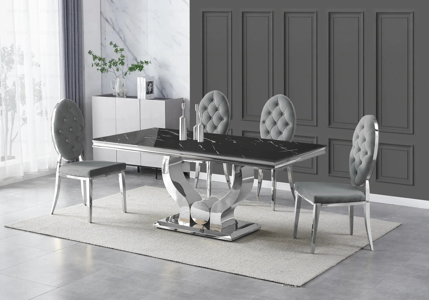 Table marbre noir et chaises capitonnées gris argent NEA New Design