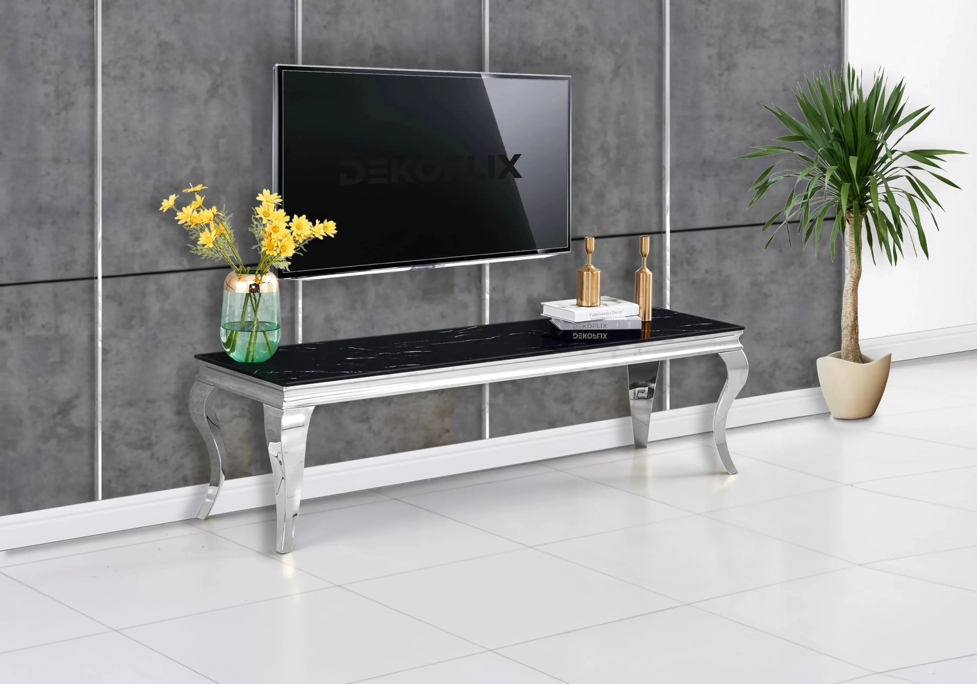 Table marbre noir et chaises velours gris argent – NEO New Design