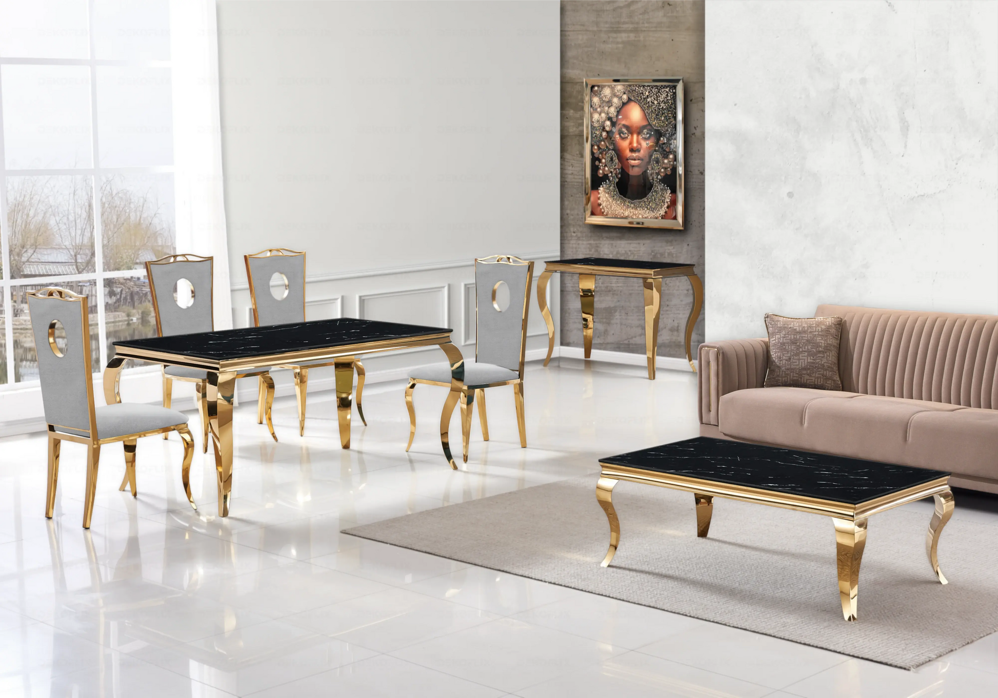 Table marbre noir et chaises velours gris doré – NEO New Design