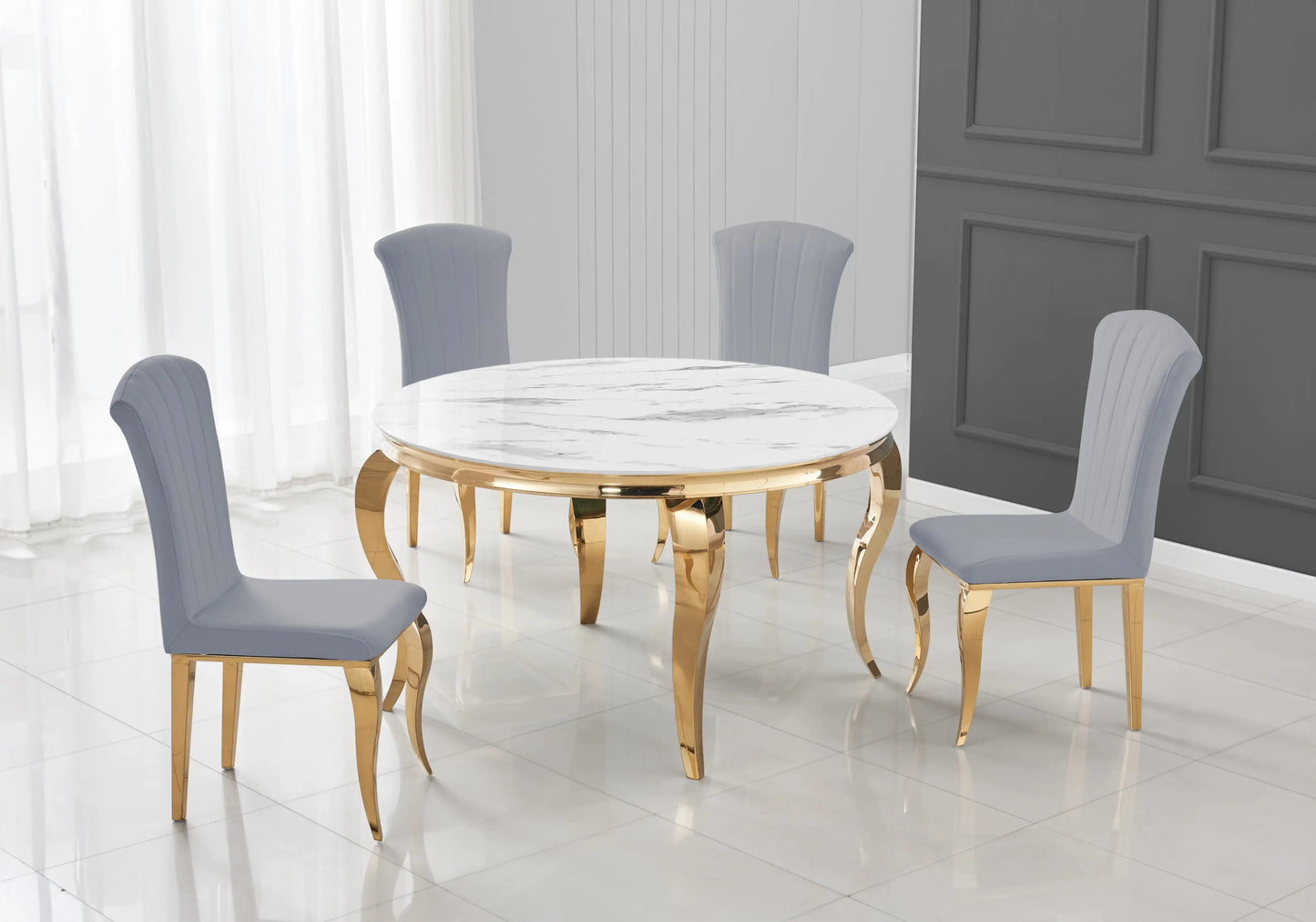 Table ronde marbre blanc et chaises gris dorée – NEO New Design