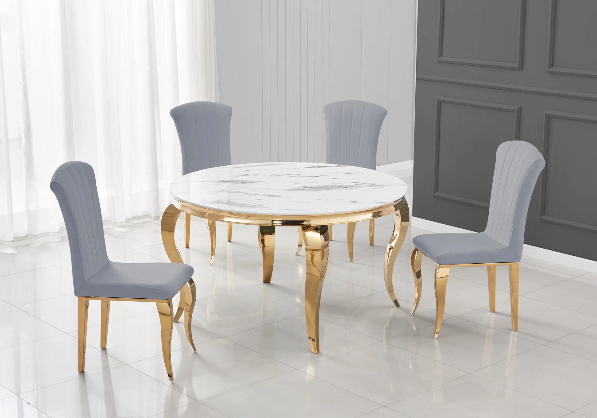 Table ronde marbre blanc et chaises gris dorée – NEO New Design