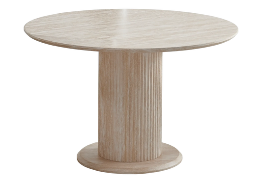 Table ronde travertin et chaises bouclées – INAYA Galerie du Mobilier