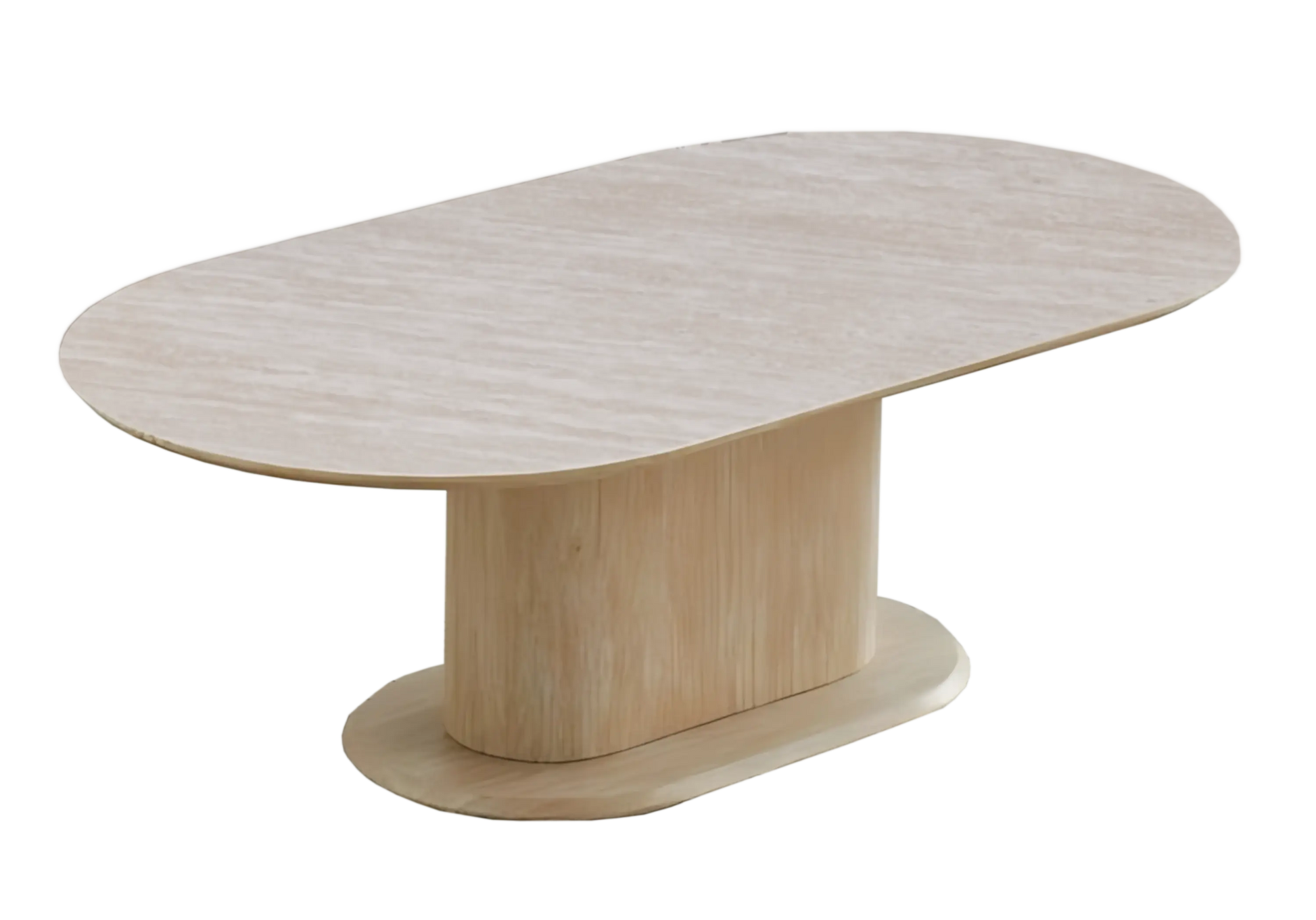 Table ronde travertin et chaises bouclées – INAYA Galerie du Mobilier
