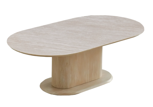 Table ronde travertin et chaises bouclées – INAYA Galerie du Mobilier