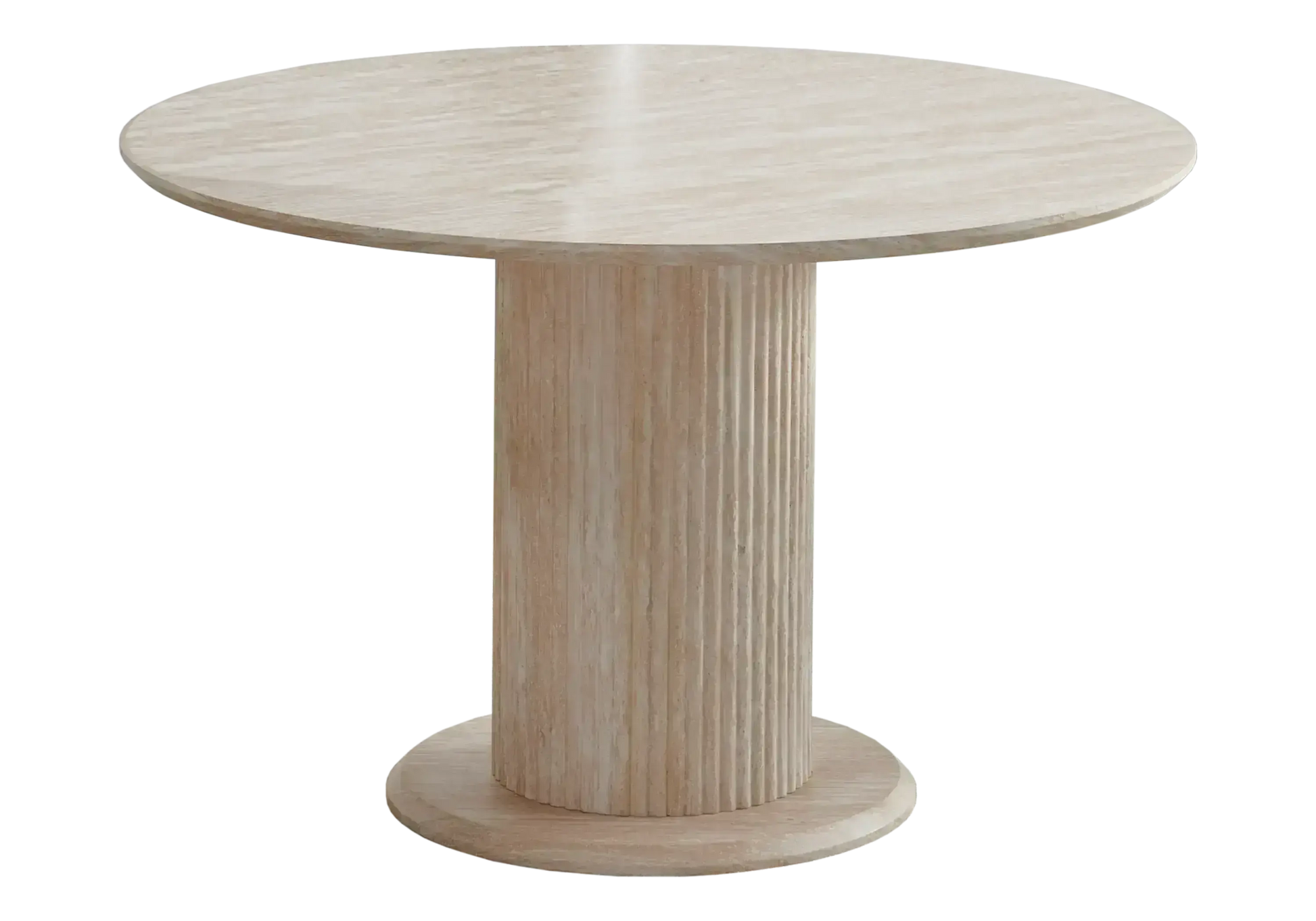 Table ronde travertin et chaises bouclées – INAYA Galerie du Mobilier