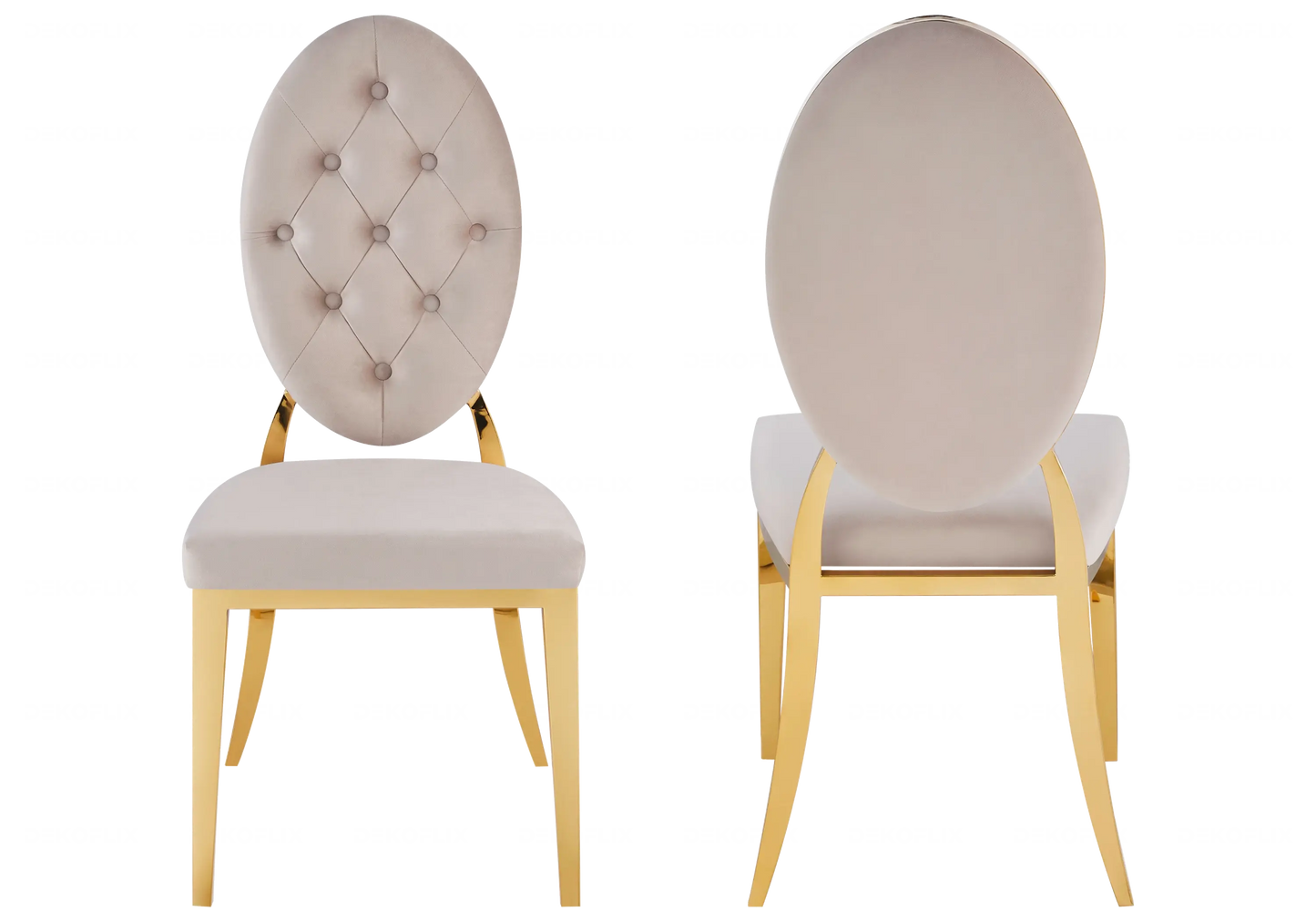 Table verre blanc chaises capitonnées taupe doré NEA New Design