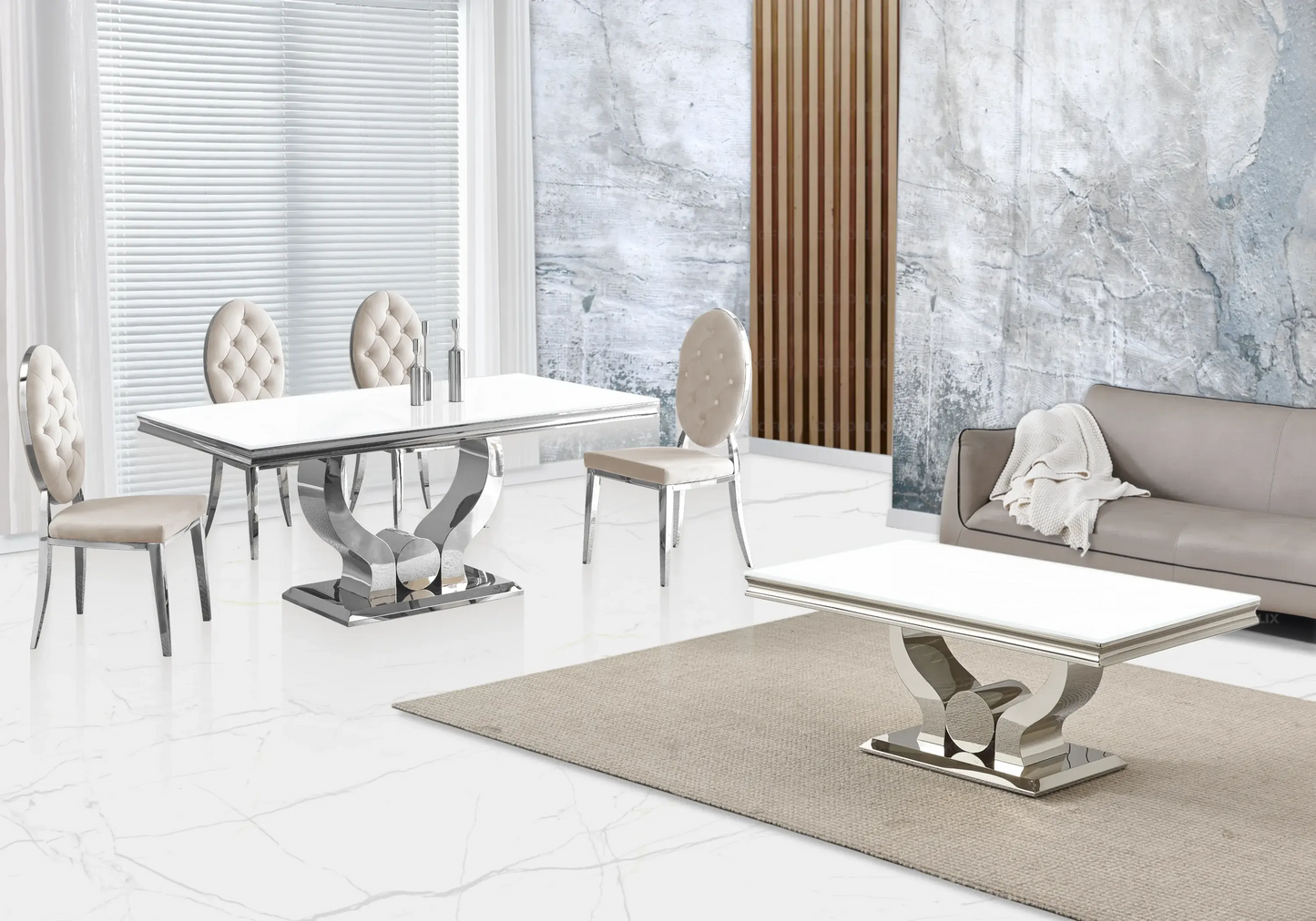 Table verre blanc et chaises capitonnées beige NEA New Design