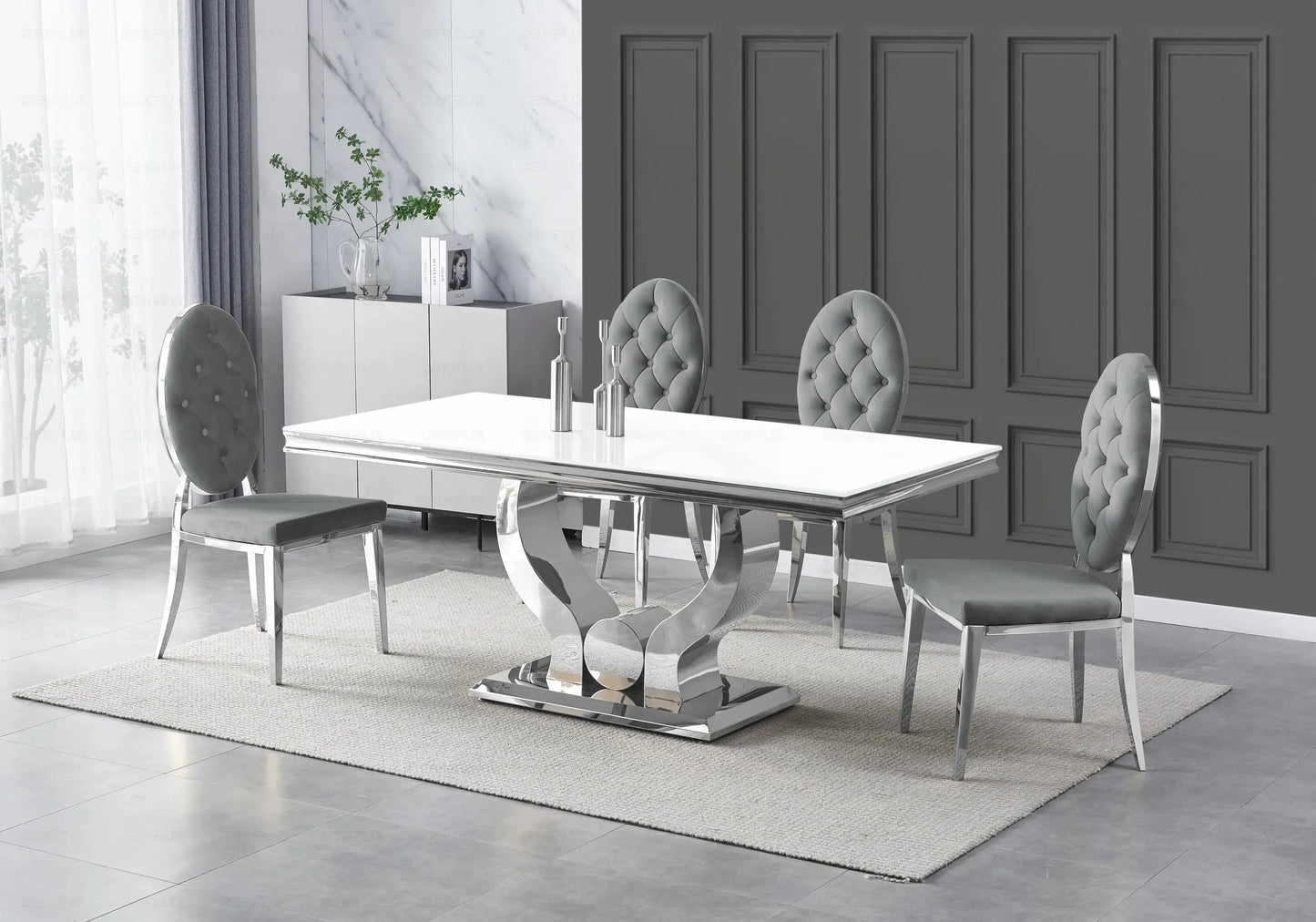 Table verre blanc et chaises capitonnées gris argent NEA New Design