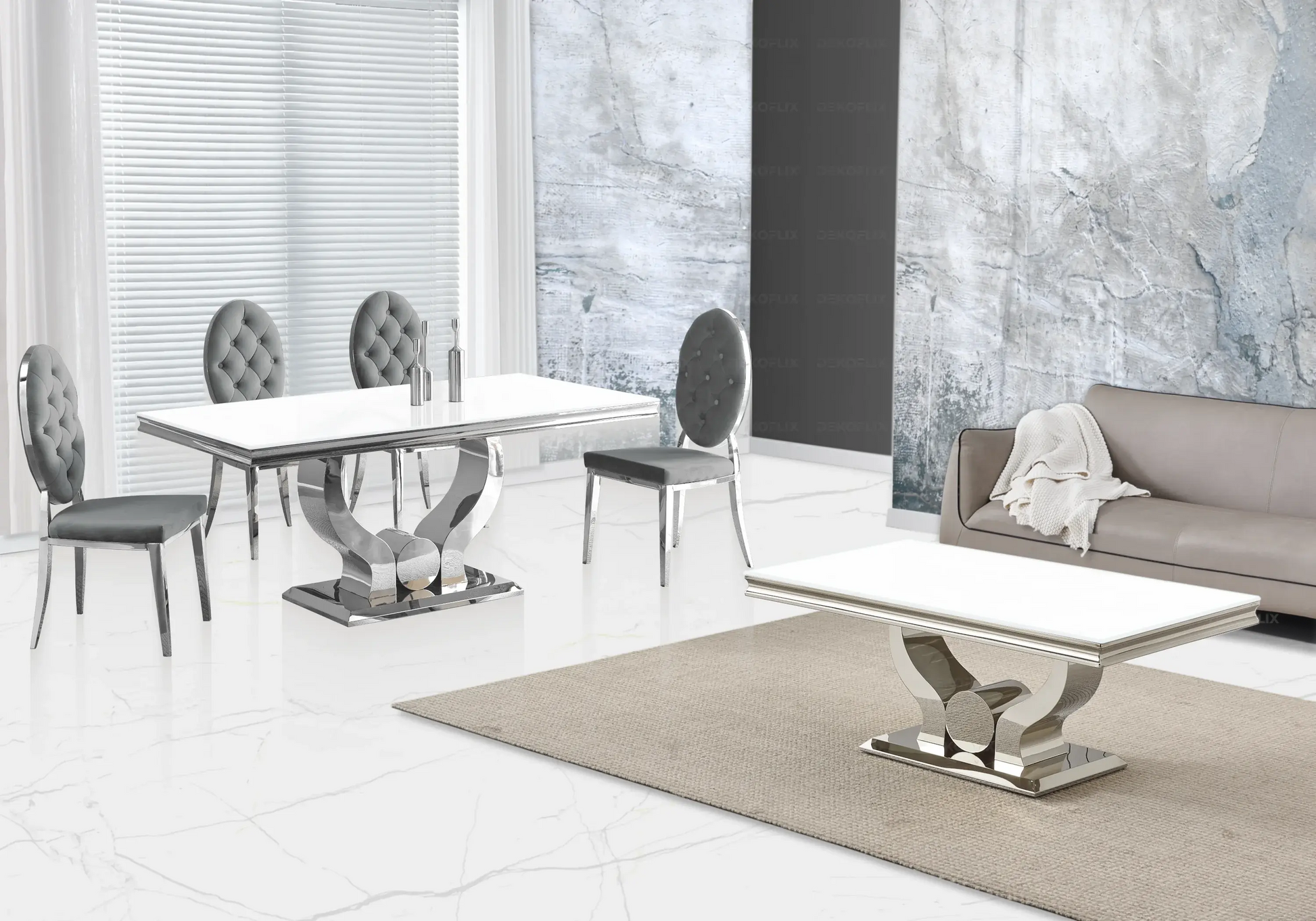 Table verre blanc et chaises capitonnées gris argent NEA New Design