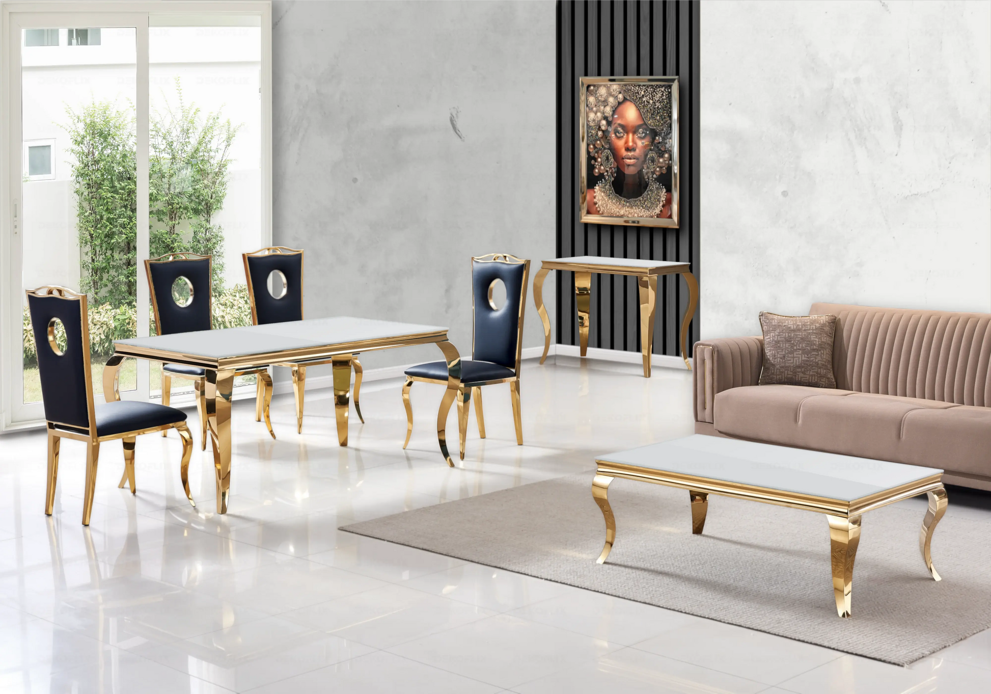 Table verre blanc et chaises simili-cuir noir doré – NEO New Design
