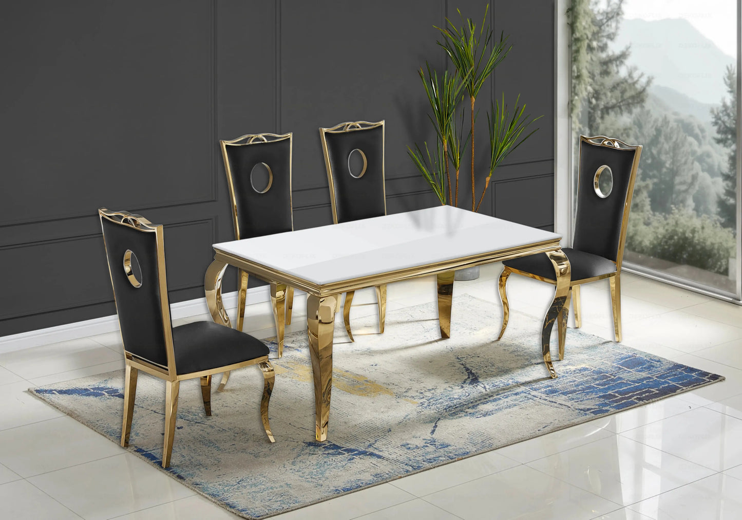 Table verre blanc et chaises simili-cuir noir doré – NEO New Design