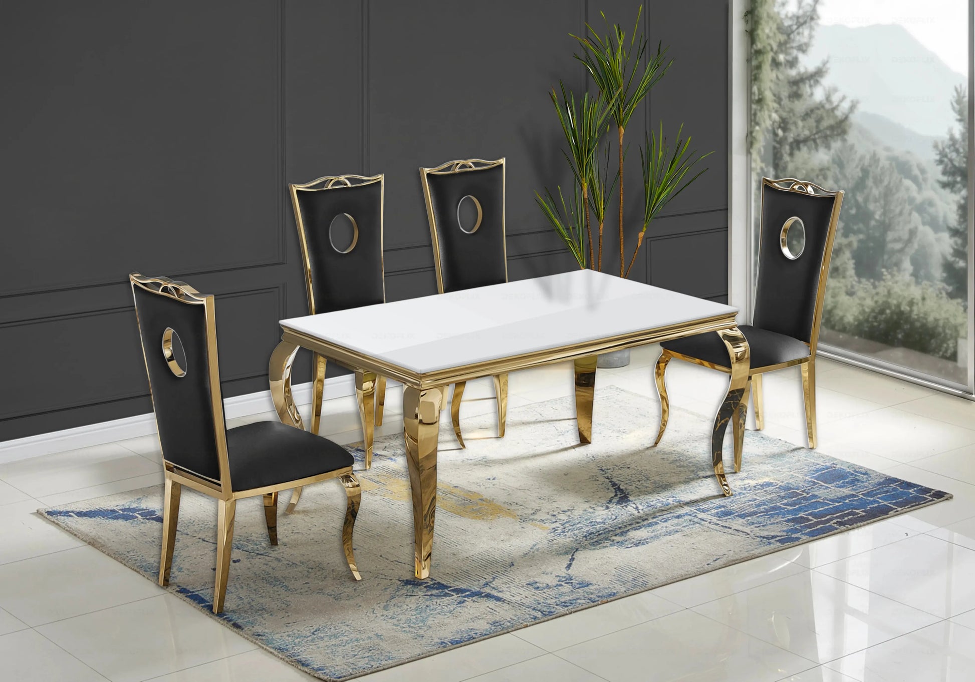 Table verre blanc et chaises simili-cuir noir doré – NEO New Design