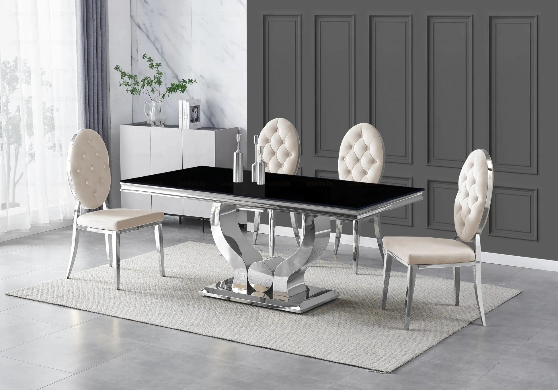 Table verre noir et chaises capitonnées beige NEA New Design