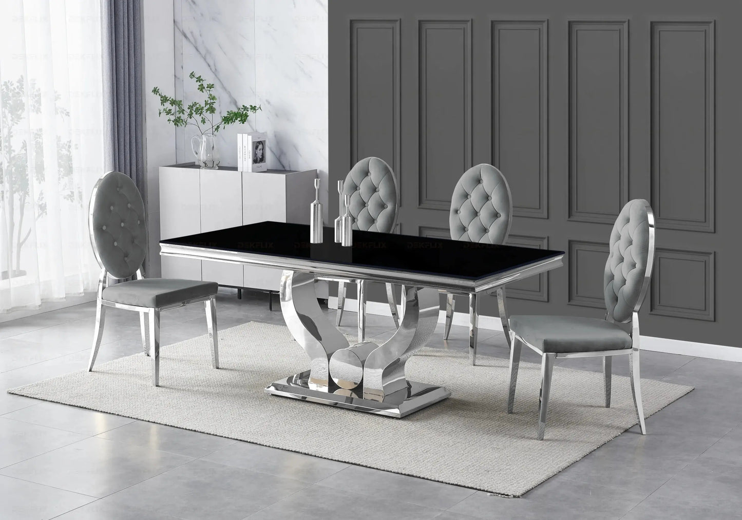 Table verre noir et chaises capitonnées gris argent NEA New Design