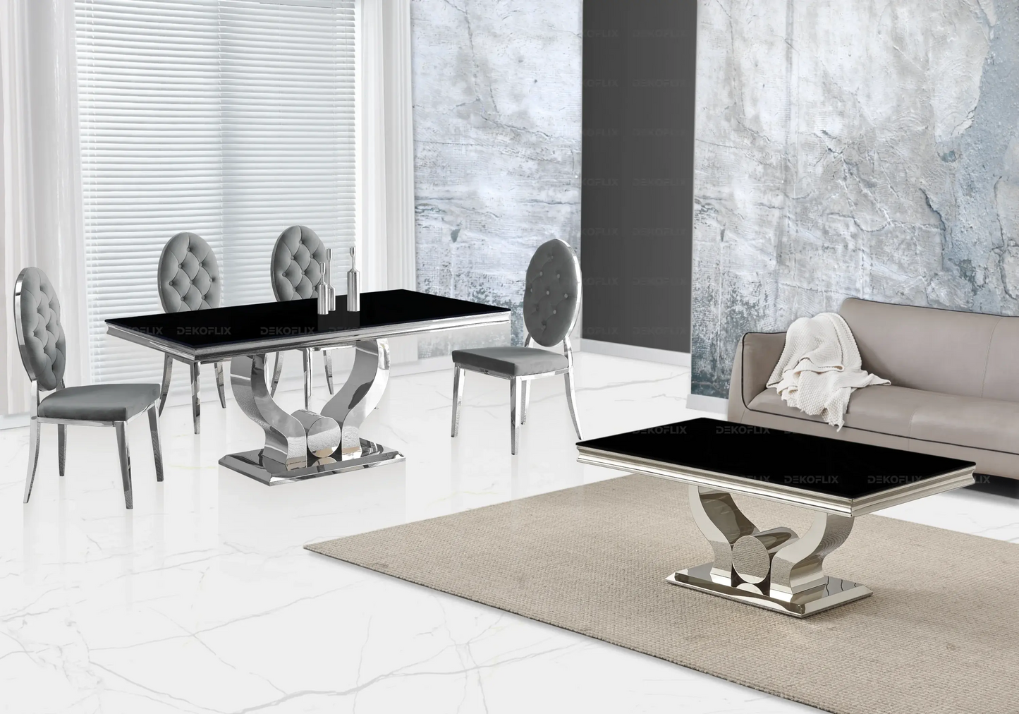 Table verre noir et chaises capitonnées gris argent NEA New Design