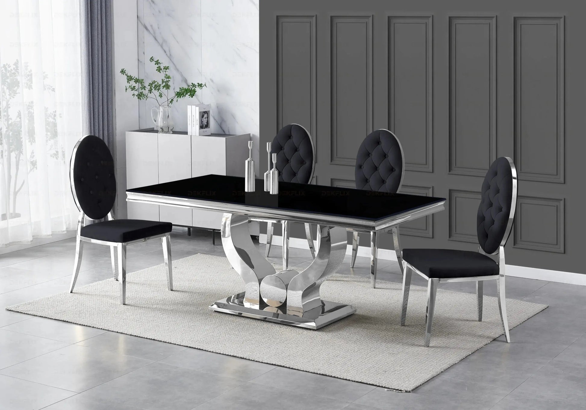 Table verre noir et chaises capitonnées noir NEA New Design