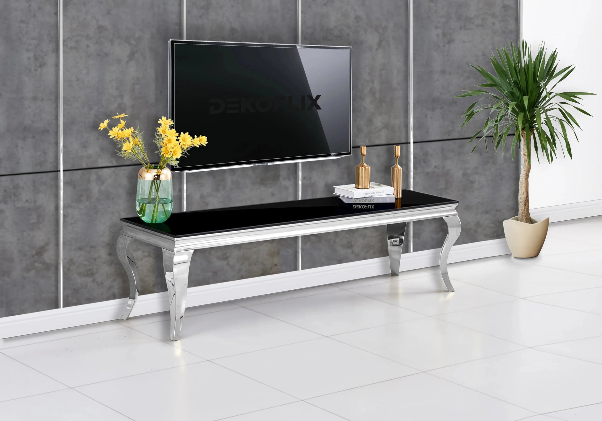 Table verre noir et chaises velours gris argent – NEO New Design