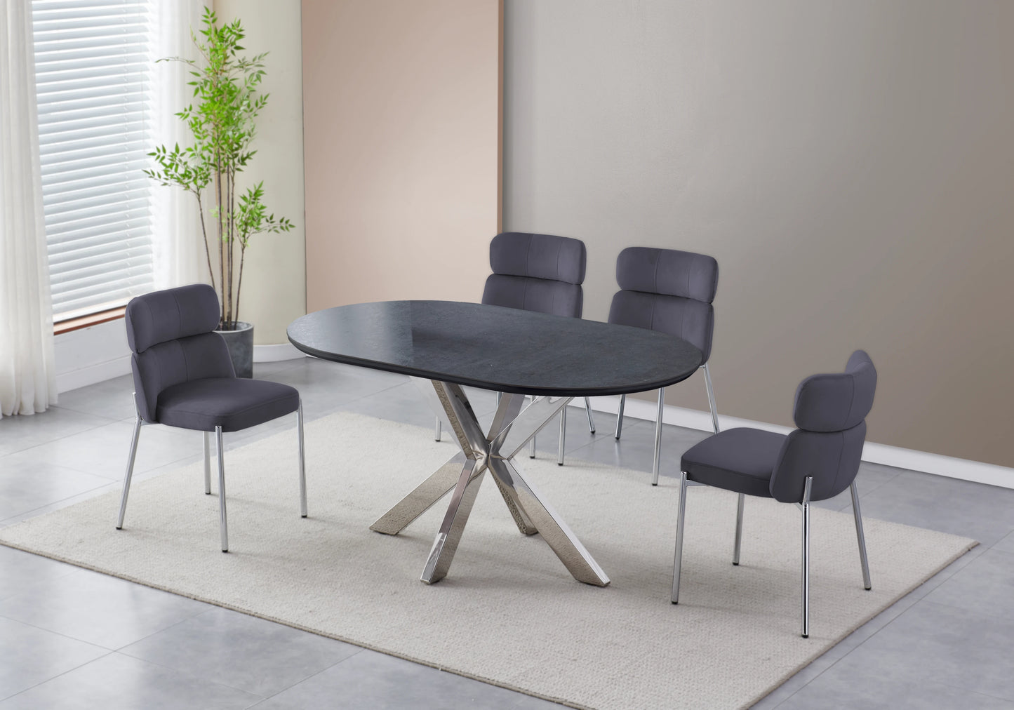 Table ovale pierre noir et 4 chaises argent – Nora