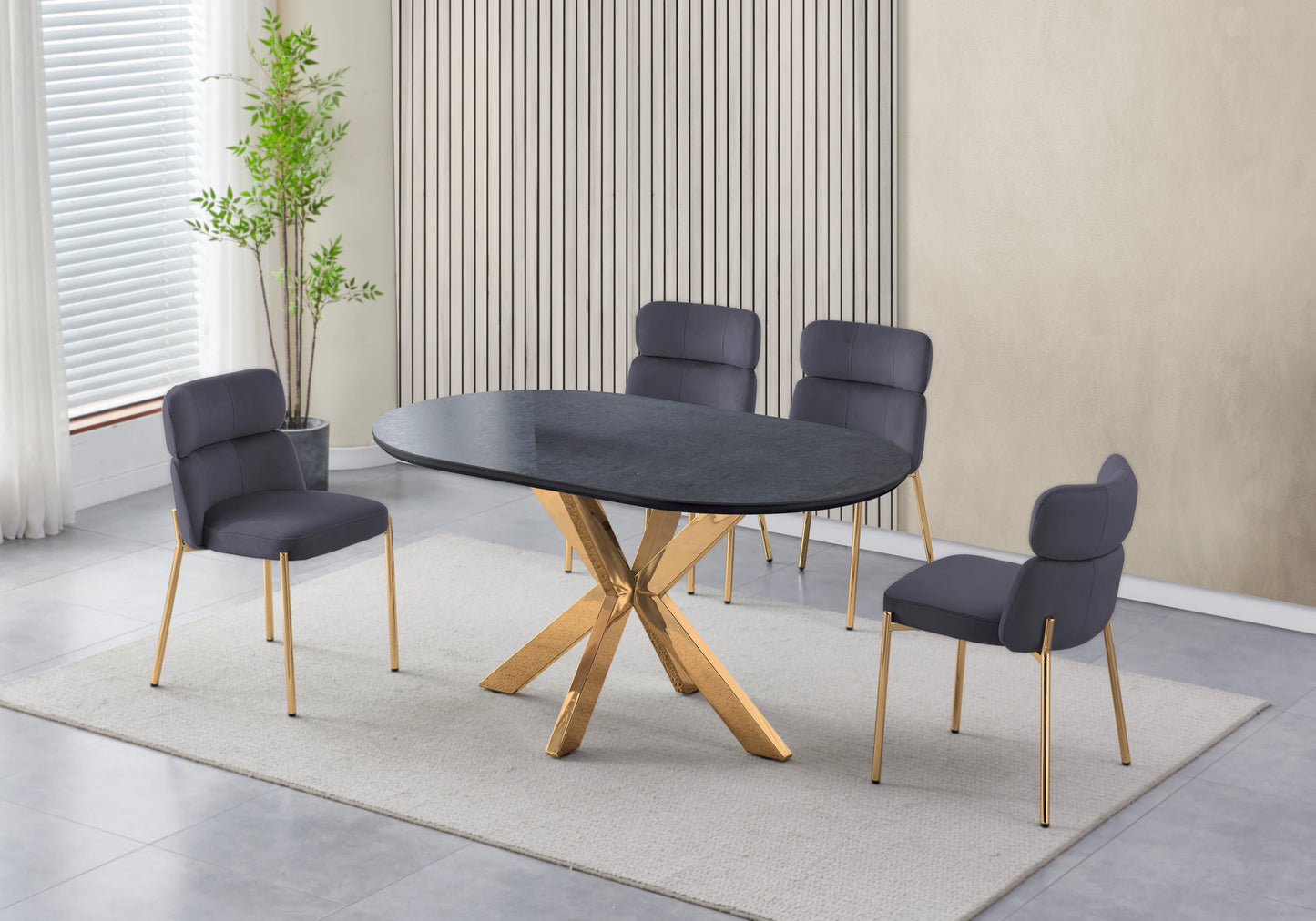 Table ovale pierre noir et 4 chaises doré – Nora