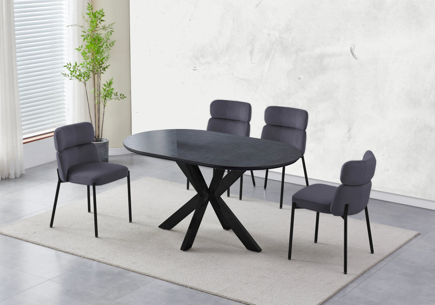 Table Céramique Noire et Chaises Grises Noirs – NORA