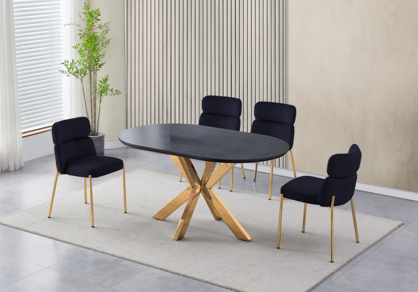 Table Marbre Blanc et Chaises Noires Dorés – NORA DEKOFLIX