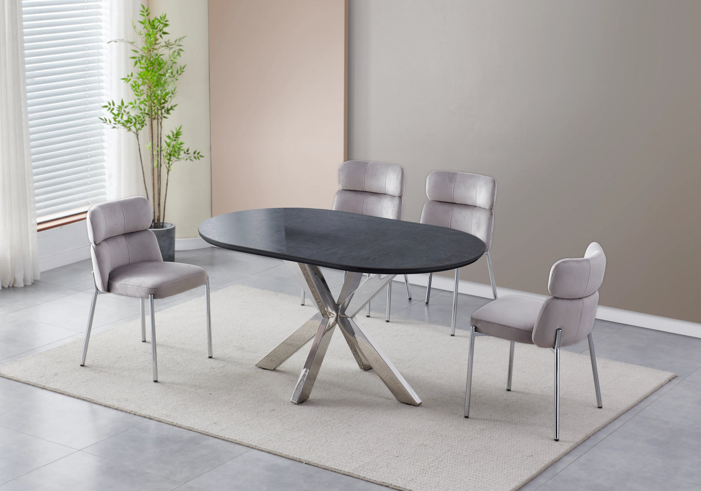 Table ovale pierre noir et 4 chaises argent – Nora