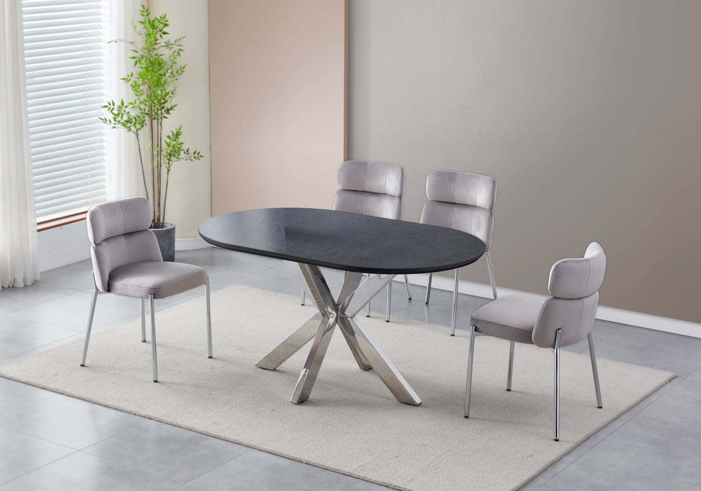 Table Céramique Noire et Chaises Taupe Argentés – NORA