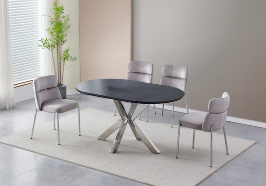 Table Céramique Noire et Chaises Taupe Argentés – NORA