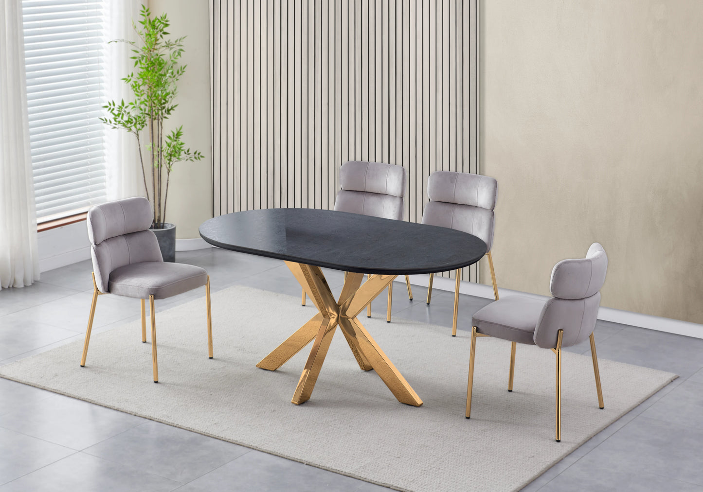 Table ovale pierre noir et 4 chaises doré – Nora