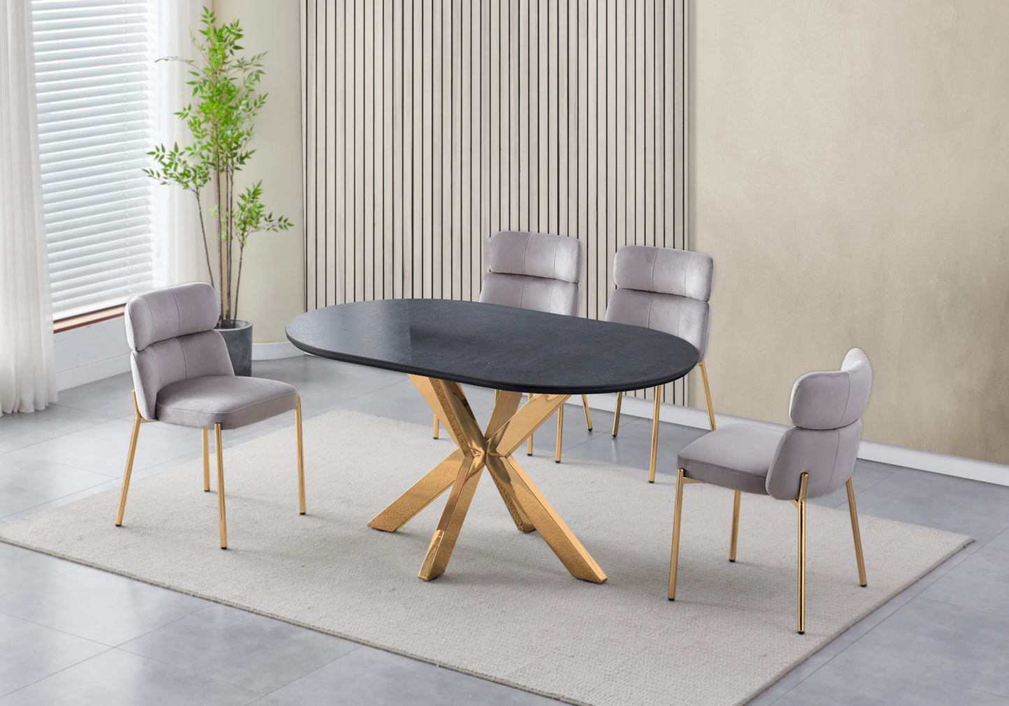 Table Céramique Noire et Chaises Taupe Dorés – NORA