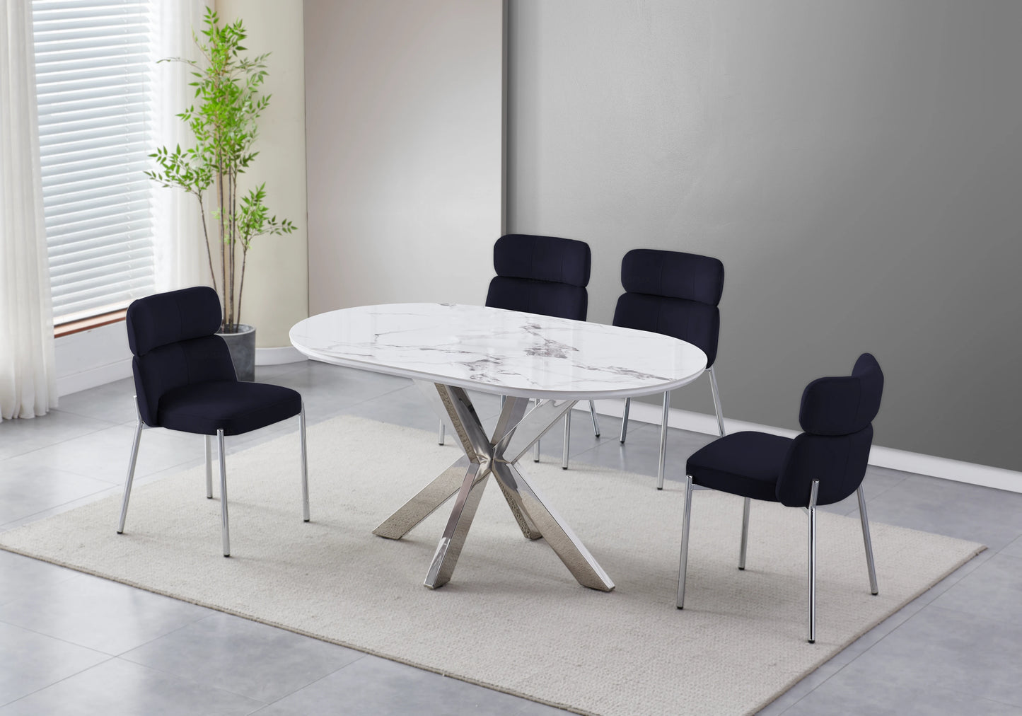 Table ovale marbre blanc et 4 chaises argent – Nora