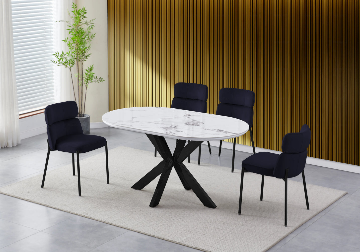 Table ovale marbre blanc et 4 chaises noir – Nora
