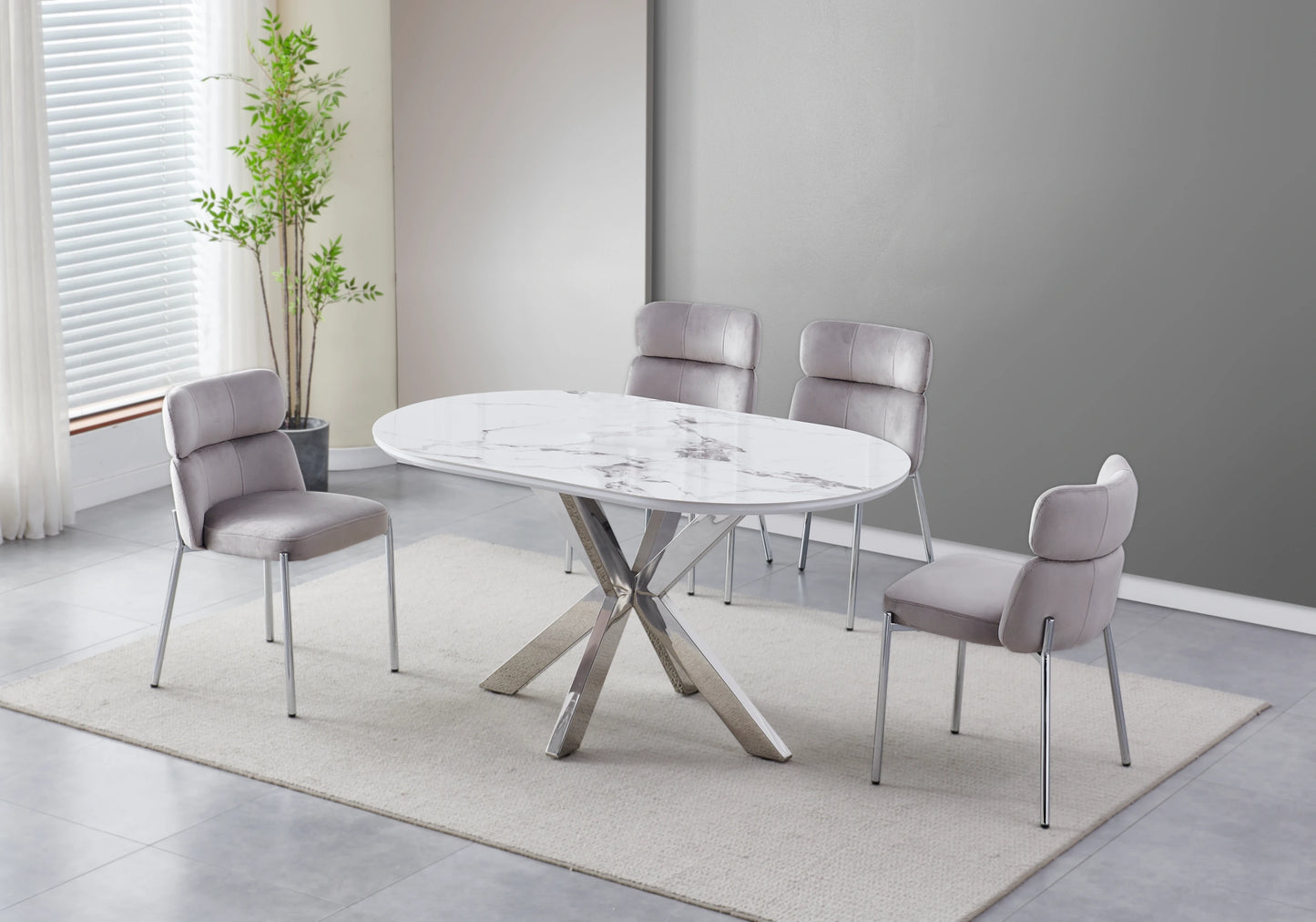 Table Marbre Blanc et Chaises Taupe Argentés – NORA