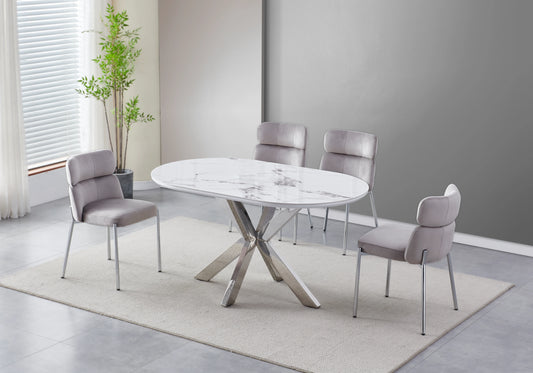 Table Marbre Blanc et Chaises Taupe Argentés – NORA