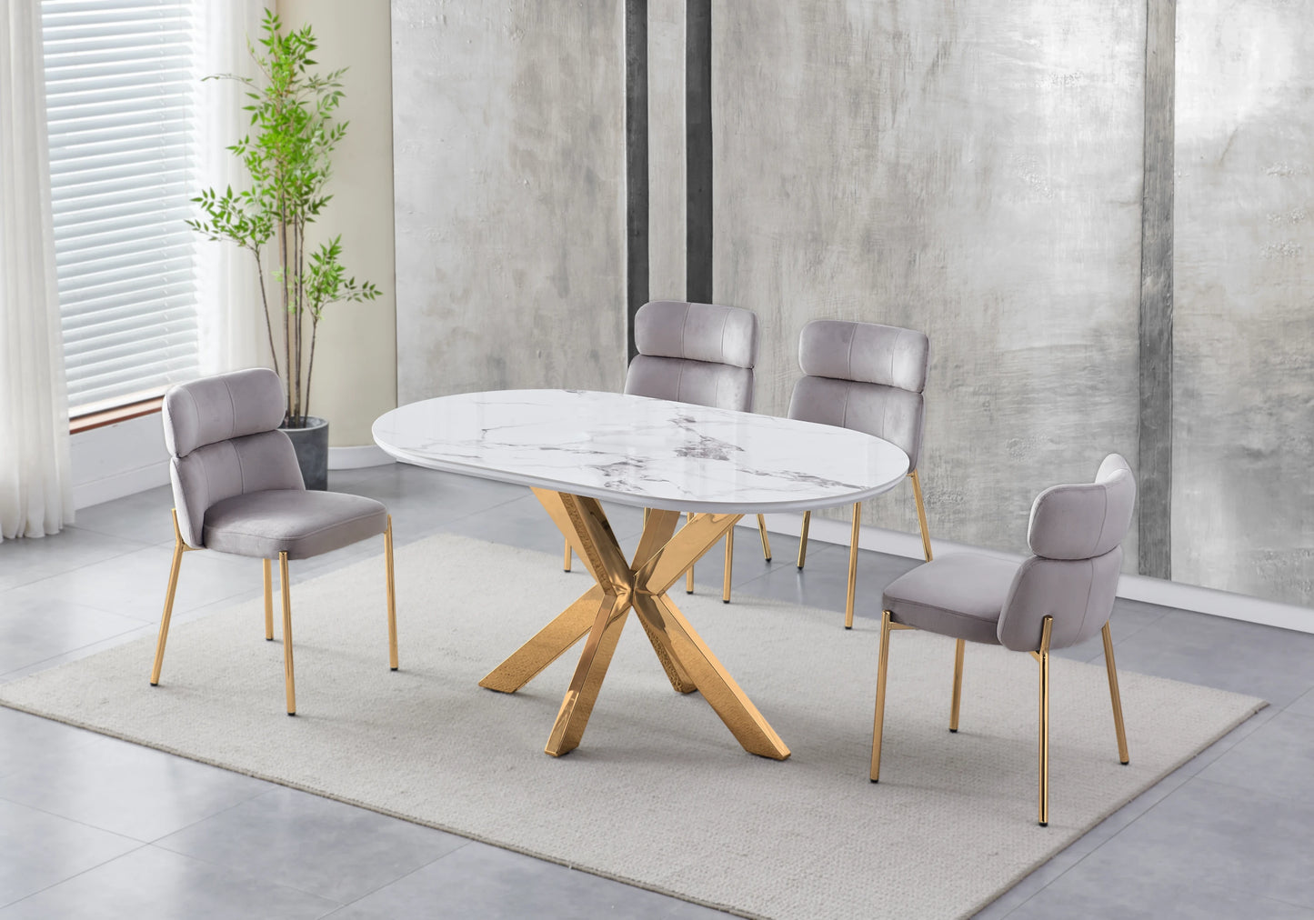 Table Marbre Blanc et Chaises Taupe Dorés – NORA