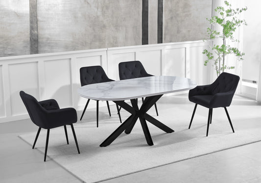 Table Marbre Blanc et Chaises Capitonnées Noires – OTHO