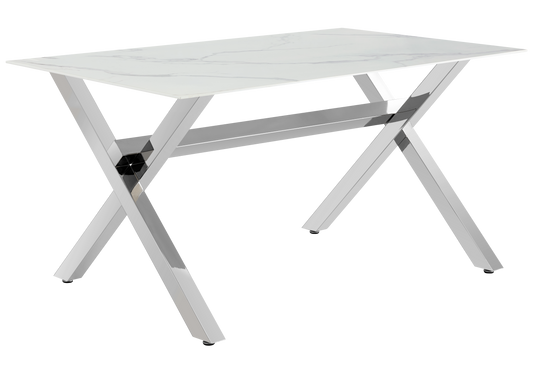 Table à manger marbre blanc pieds X argent – Cross