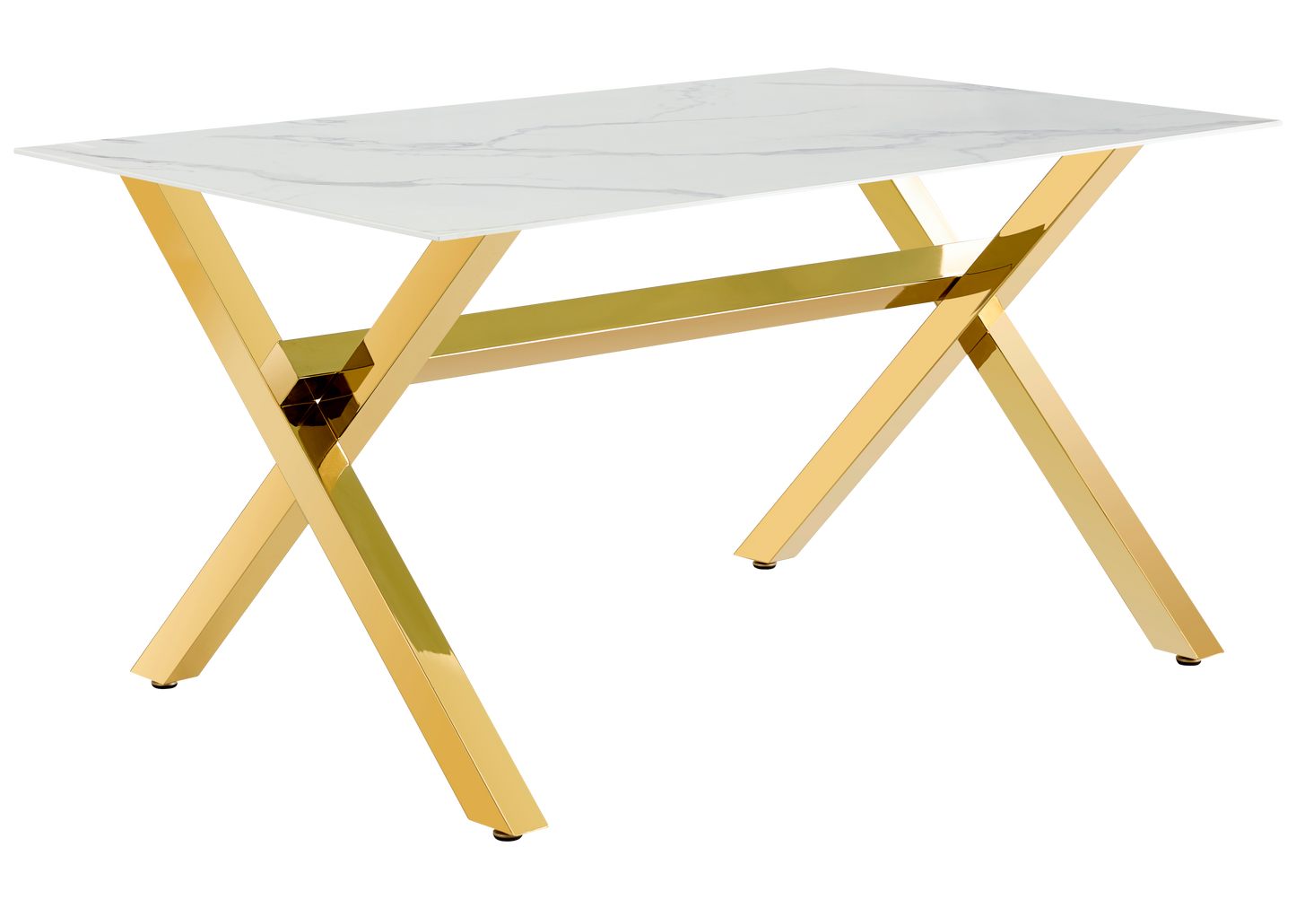 Salle à manger marbre blanc pieds X dorés – Cross