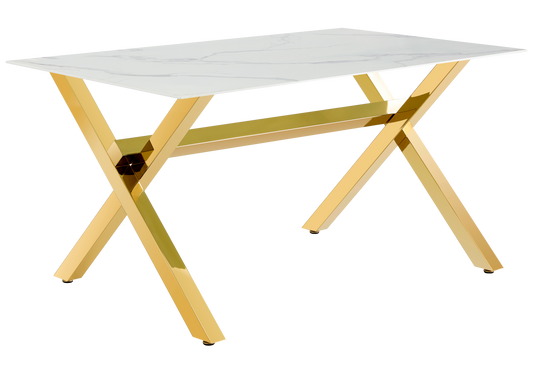 Table à manger marbre blanc pieds X dorés – Cross