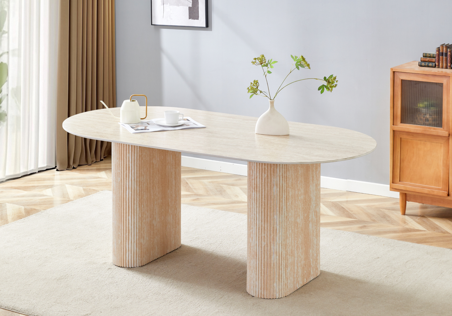 Table à manger ovale effet travertin minéral - Serena
