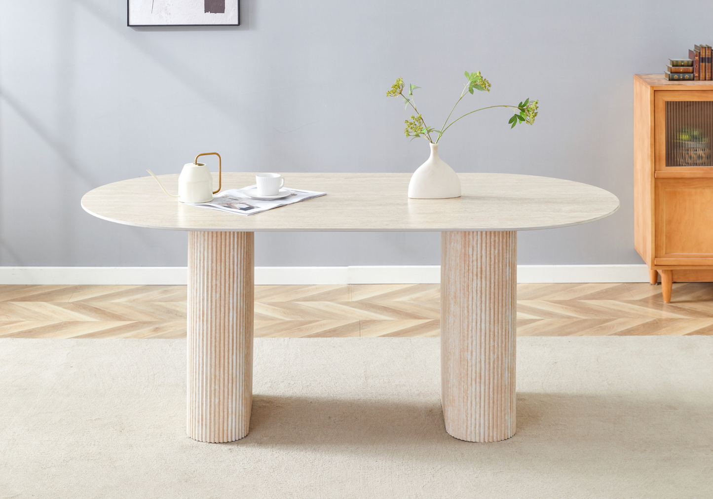 Table à manger ovale effet travertin minéral - Serena
