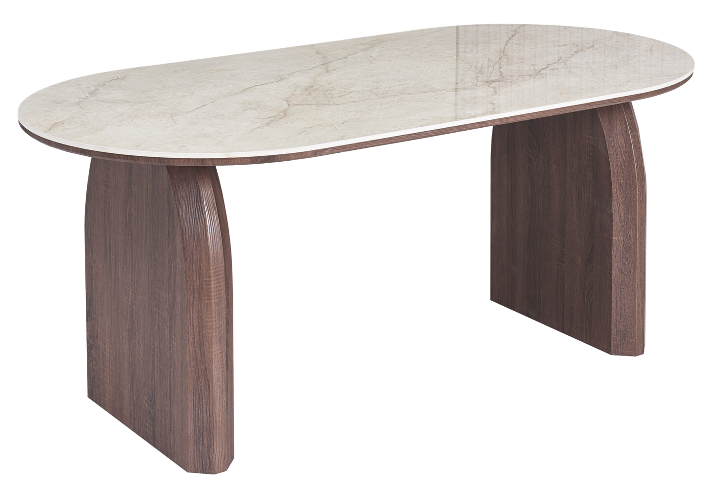 Table à manger ovale marbre beige et noyer - Nael