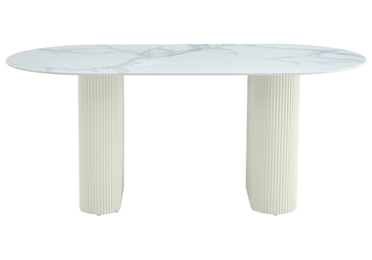 Table à manger ovale marbre blanc et pieds beige - Serena